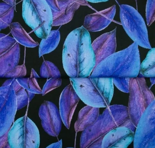 Viscose tricot zwart met blauw/paarse bladeren